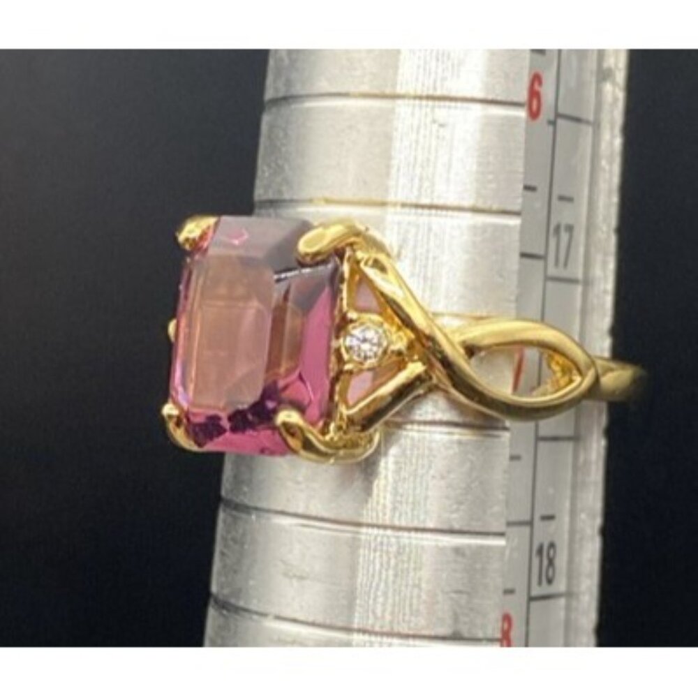 Emerald Cut Amethyst Ring CZ Accent 14k Yellow Gold Plated Size 7 Wt 3 Grams - Picture 6 of 13